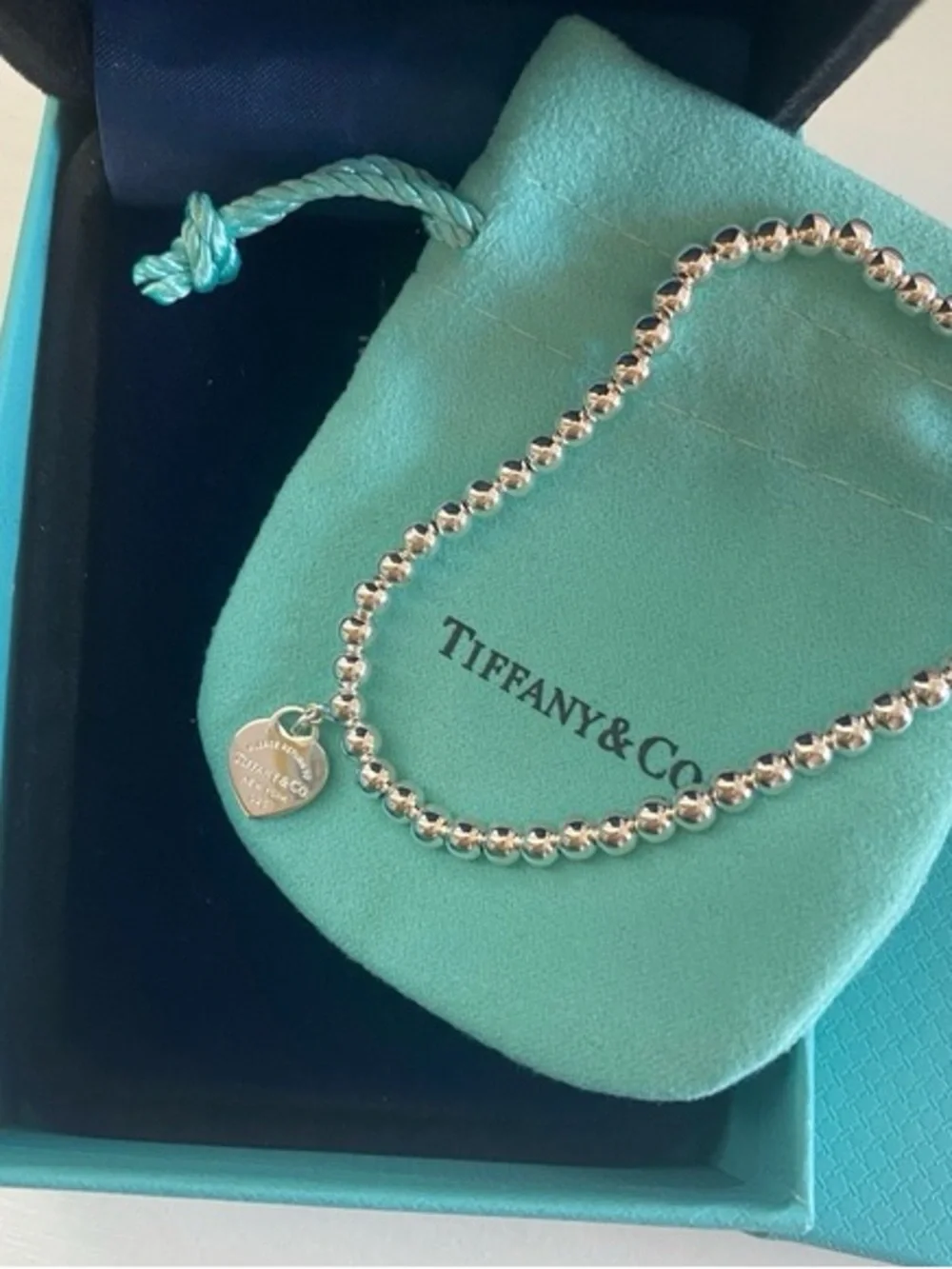 Tiffany & Co. Silver Bead Bracelet with Turquoise Heart Charm